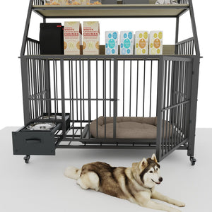English Elm Large Pet Cage with Iron Frame Mdf Panels Storage Rack and Steel Feeding Basins Beige,Black W3064P245386