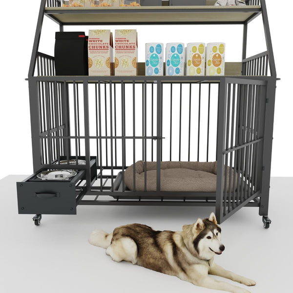 English Elm Large Pet Cage with Iron Frame Mdf Panels Storage Rack and Steel Feeding Basins Beige,Black W3064P245386