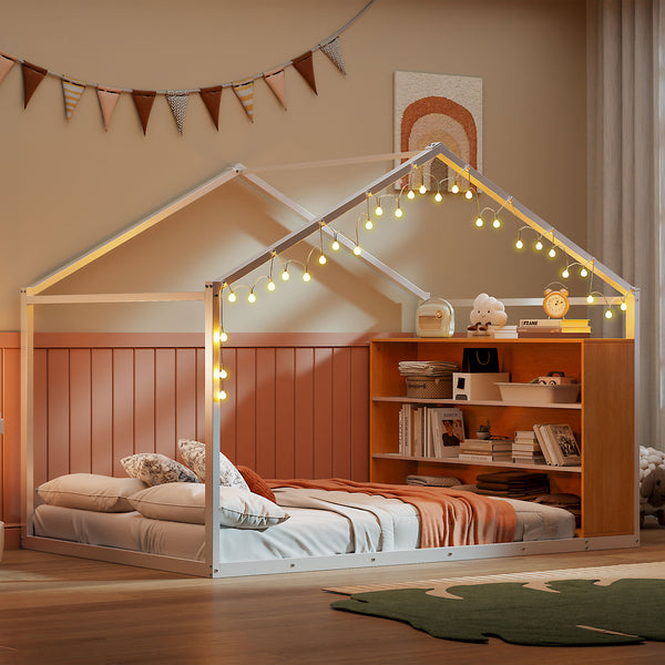 English Elm Full House Bed Frame with Shelves & LED Lights — Metal + Wood Full-Size Playhouse Bed for Kids Room Decor White N737P176706K