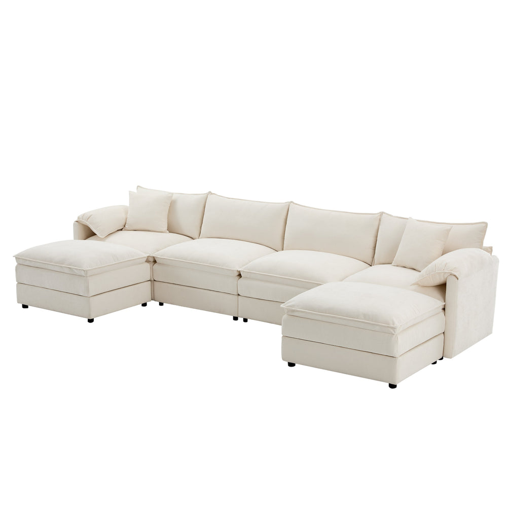 English Elm 136" Chenille Modular Sectional Sofa with Deep Wide Seats, Double Cushions & Removable Ottoman Cream N723S9687W