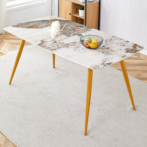 English Elm Modern minimalist sintered stone dining table with white marble-look top and sturdy metal legs, seats 4-6 comfortably Gold W1151S01018