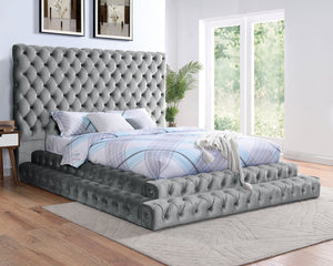 English Elm Contemporary Gray Flannelette King Bed Tufted Tall Headboard Glam Platform Frame B2741S00817