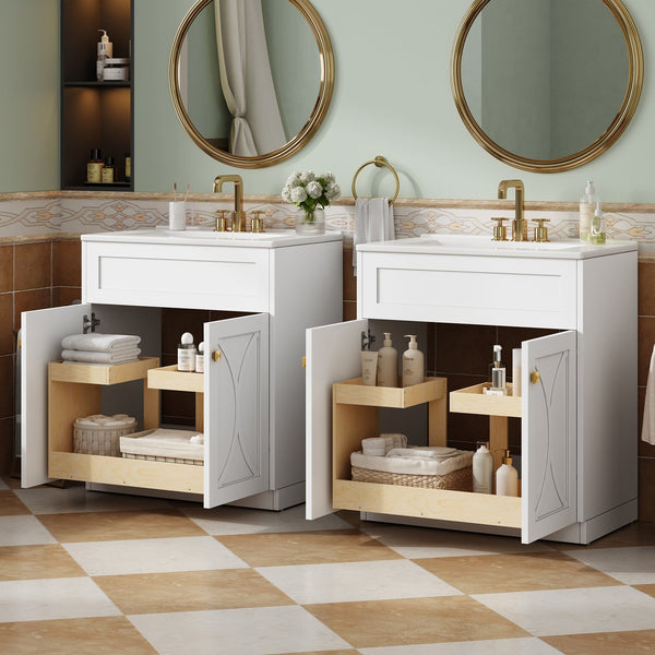 English Elm 60'' Bathroom Vanity Set With Glossy Ceramic Sink, Modern Cabinet, Gold Handles & Soft-Close Doors N710SS00005K
