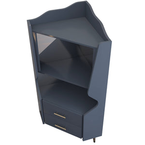 English Elm Wooden Corner Bar Cabinet with Mirrored Back, High Legs, 2 Shelves & 2 Drawers for Stylish Storage Blue W2899P374346