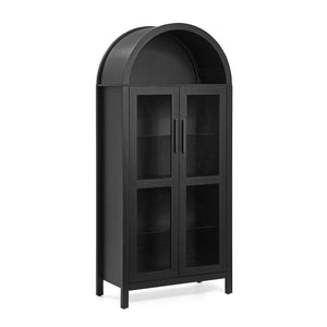 English Elm A high arched storage cabinet with lamp and adjustable glass shelves, modern retro MDF poplar display cabinet with LED accent lighting for kitchen and living room storage elegance Black W487P358610