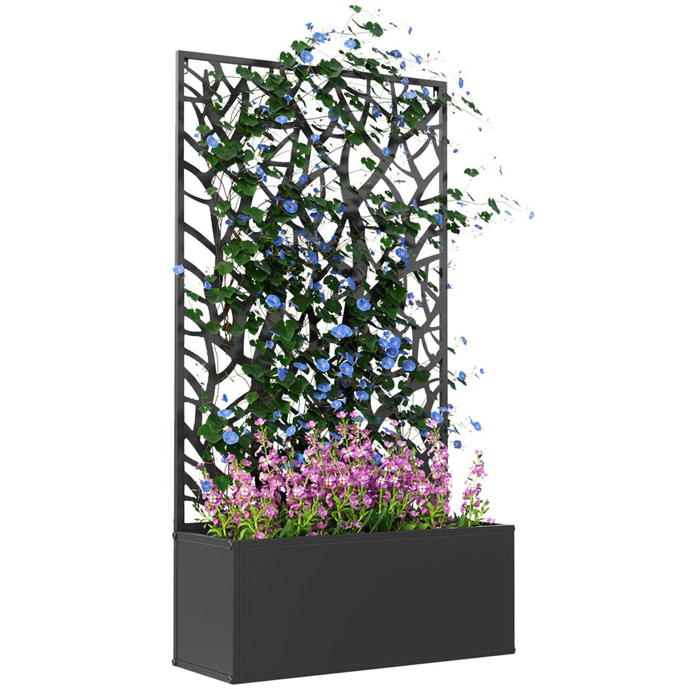 English Elm Outsunny Powder Coated Metal Raised Garden Bed with Trellis and Decorative Tree Panel W2225P485561