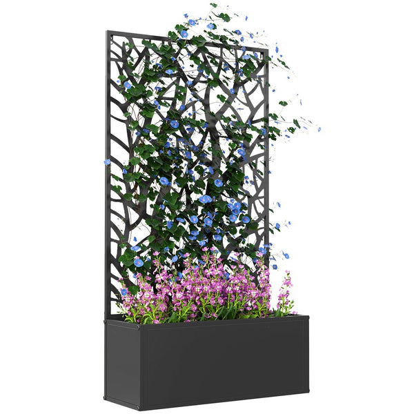 English Elm Outsunny Powder Coated Metal Raised Garden Bed with Trellis and Decorative Tree Panel W2225P485561