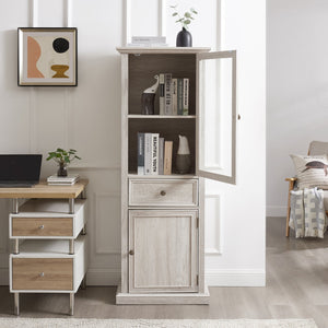 English Elm Modern Glass Storage Cabinet with Drawer & Shelves — Tall Curio Sideboard for Living, Dining, Office Elegance White W1758P294625