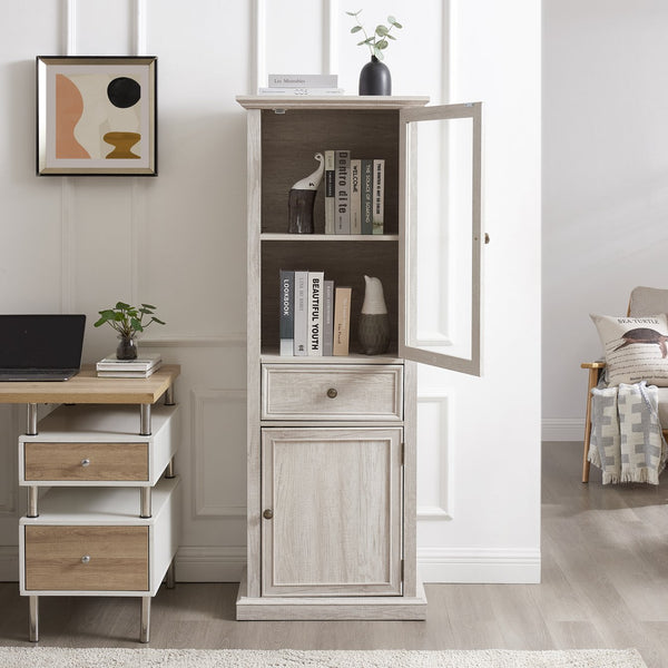 English Elm Modern Glass Storage Cabinet with Drawer & Shelves — Tall Curio Sideboard for Living, Dining, Office Elegance White W1758P294625