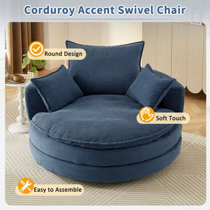 English Elm 360° Oversized Swivel Lounge Chair with 38" Deep Seat Dual-Layer Cushion Corduroy Accent Pillows Blue N719S002100C