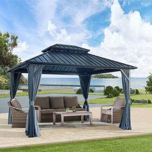 English Elm 10' X 12' Hardtop Gazebo with Galvanized Double Roof, Ventilated Skylight, Curtains & Mosquito Netting W765S00002