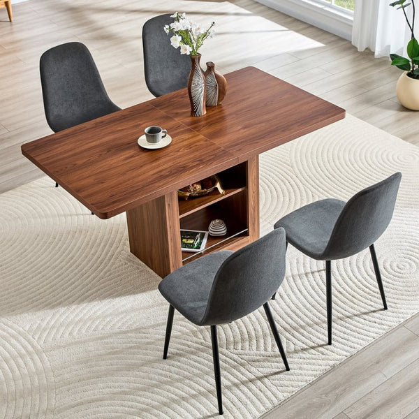 English Elm Expandable Walnut Dining Set with Four Linen Chairs Seats Six in Modern Style W1151S04712