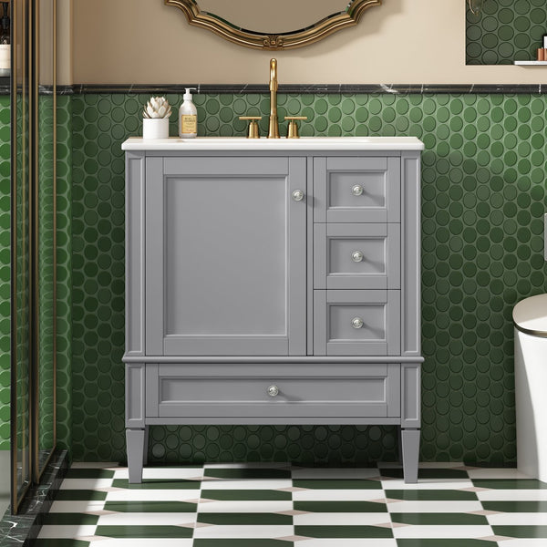English Elm 30 30 Inch Bathroom Vanity with Ceramic Sink, Modern Compact 3-Drawer Storage Cabinet for Small Baths Grey N710P247499E