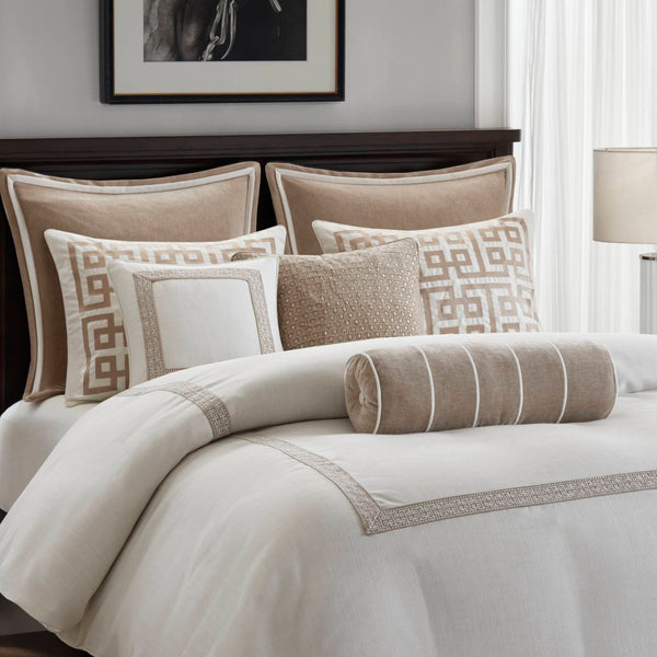 English Elm 8-piece Queen Bedding Set Slub Fabric Embroidery Velvet Accents Boutique Hotel Style Tan+Ivory B035P482955