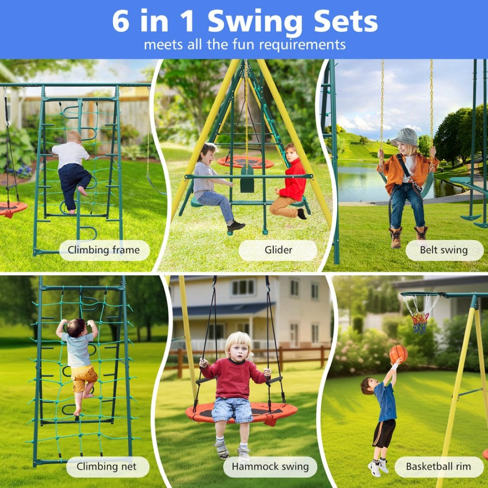 English Elm 2 in 1 Kids Outdoor Steel A-frame Backyard Swing Set with Saucer and Belt Seats W1408P163259