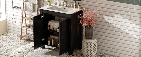 English Elm 30" Rustic Bathroom Vanity Espresso with Ceramic Sink, Soft-Close Doors, Adjustable Shelves, Open-Back Plumbing-Friendly Storage N729P290712P