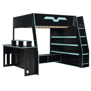 English Elm Full Size Wood Loft Bed with Rgb Lighting Desk and Multi-tier Shelves for Gaming Blue LT000374AAC