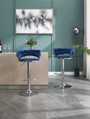 English Elm Set of 2 Velvet Bar Stools with Chrome Base Swivel Height Adjustment Plush Cushion Modern Comfort Blue W1249P247741