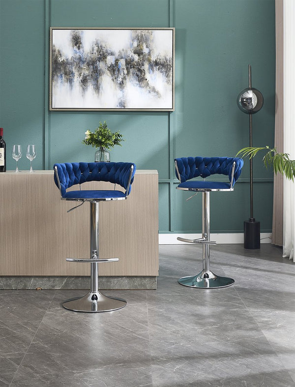 English Elm Set of 2 Velvet Bar Stools with Chrome Base Swivel Height Adjustment Plush Cushion Modern Comfort Blue W1249P247741