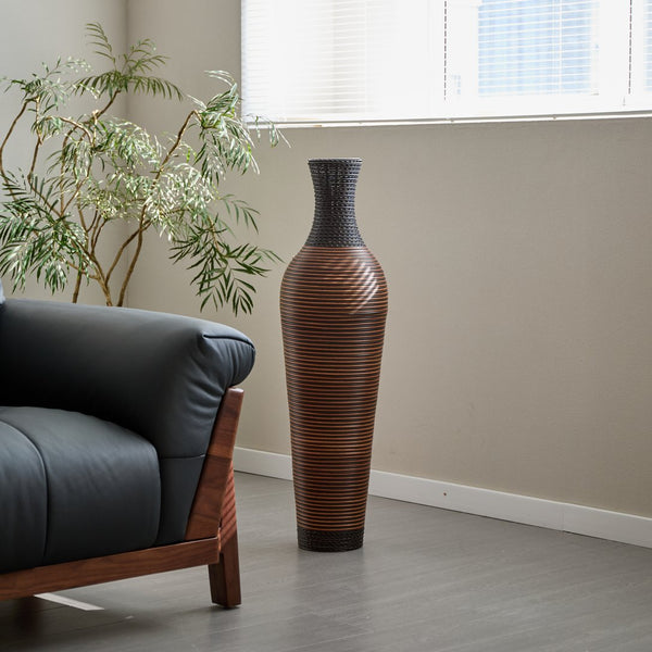 English Elm 39 Tall Designer Floor Vase 39.25" Black+Gray Two-Tone PVC Rattan 40" Modern Rustic Accent for Living Rooms W2796P193947