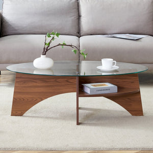 English Elm Oval Tempered Glass Coffee Table with Wood Grain Legs and Built-in Fan Tray Shelf W1151P256008