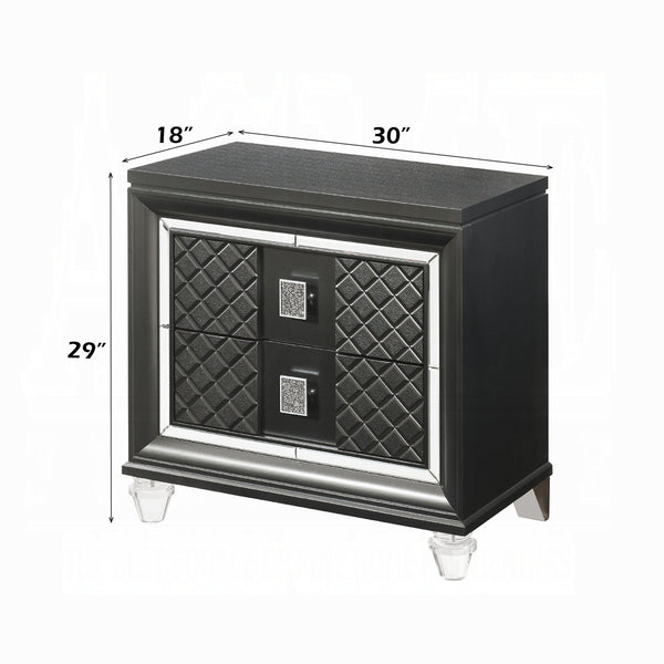 English Elm Modern Glam Nightstand with Mirror Inlay and Patterned Drawers, Luxurious Accent Table 26x17x27 Metallic Grey 20.5 L x 32.5 W x 29.5 H B2741P324337