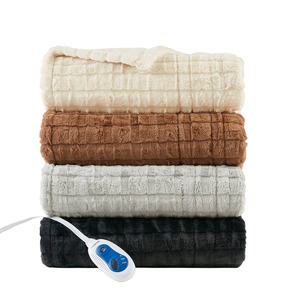 JLA Home Beautyrest - Oversized Plush Faux Fur Heated Throw with Secure Comfort, Low EMF, OEKO‑TEX, Machine Washable Ivory Texture BR54-4696