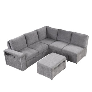 English Elm U_STYLE L-shaped Padded Modular Sofa with Storage, USB Charging, Cup Holders, 6-Seater Comfort and Style Gray WY000390AAE