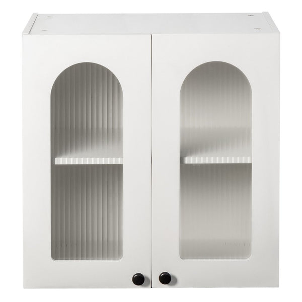 English Elm Wall Mounted Display Cabinet Arched Glass Door Floating Shelves for Kitchen or Bath W331P379951