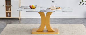 English Elm A modern minimalist dining table with imitation marble glass top, gold MDF legs, easy assembly, durable elegance W1151S01193