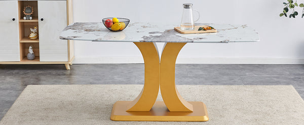 English Elm A modern minimalist dining table with imitation marble glass top, gold MDF legs, easy assembly, durable elegance W1151S01193