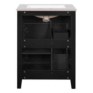English Elm 24" Modern Bathroom Vanity with Ceramic Basin, French Country Cross-Grid Design & Soft-Close Drawers Black N710P280655B