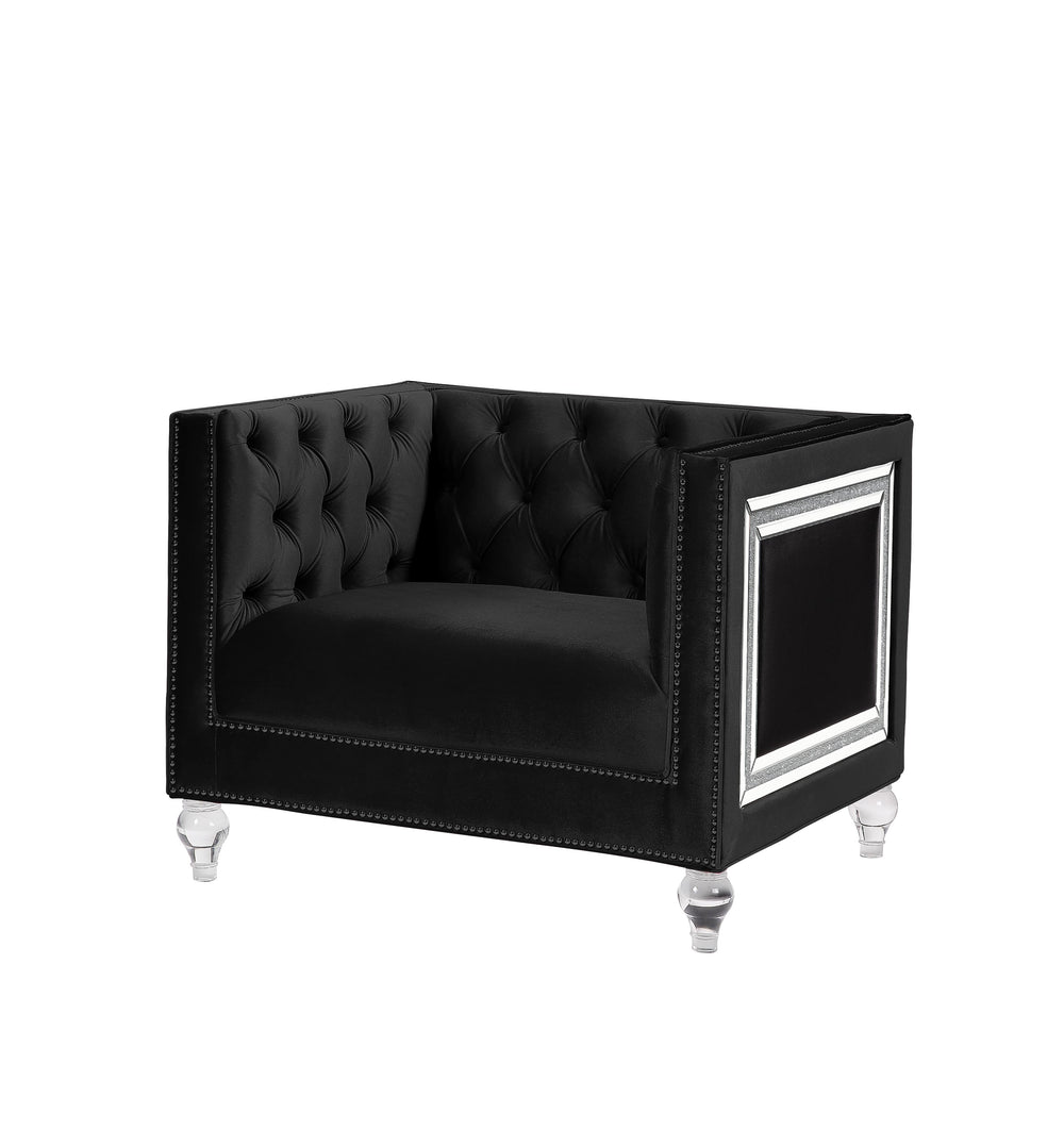English Elm Heibero Black Velvet Chair with Button Tufted Mirrored Trim, Acrylic Legs & 7" Full Foam Seat B2726P284210