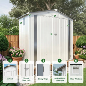 English Elm 6x Galvanized Steel Outdoor Storage Shed with Peaked Roof Skylight and Lockable Door W3213P309060