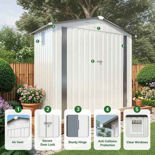 English Elm 6x Galvanized Steel Outdoor Storage Shed with Peaked Roof Skylight and Lockable Door W3213P309060