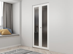 English Elm 30 in Matte Mdf Bi-fold Door with Frosted Glass Panels Hardware and Handle Included B2763P483196