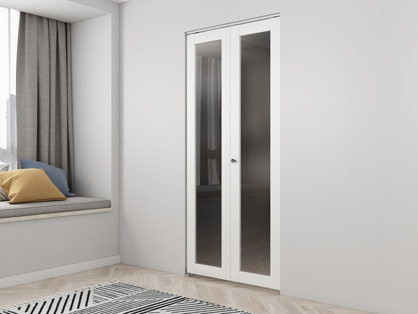 English Elm 30 in Matte Mdf Bi-fold Door with Frosted Glass Panels Hardware and Handle Included B2763P483196