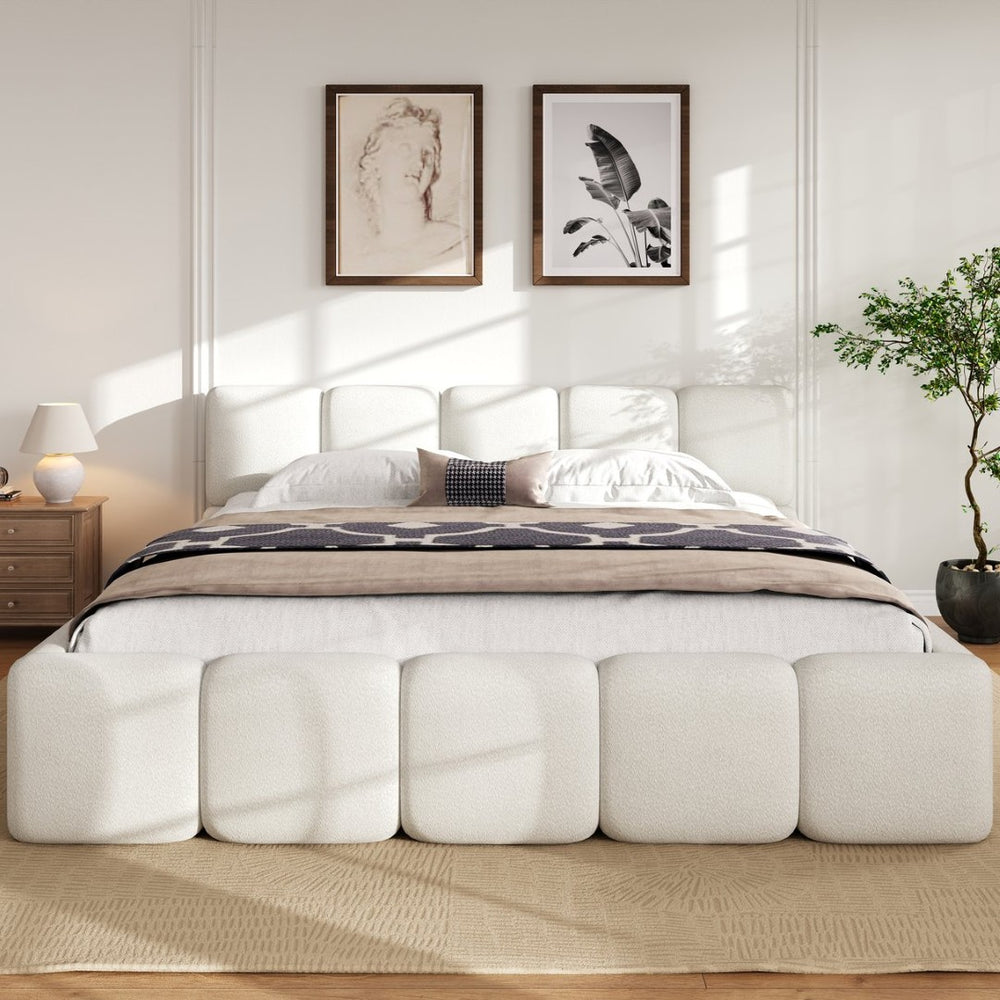 English Elm Queen Boucle Upholstered Platform Bed Low Profile Block Silhouette for Modern Bedroom N757P385454W