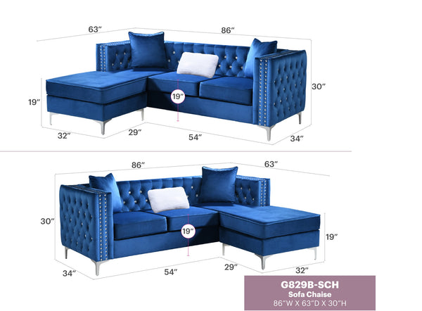 English Elm Paige Velvet Sofa Chaise with Faux Jewel Tufting, Chromed Steel Legs, KD Design for Easy Delivery Blue 70 L x 26.8 W x 18.1 H B078S00095