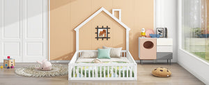 English Elm Wood House Platform Bed Full Size with Guardrail & Playful Frame, Sturdy Pine, Kid-Safe Design White N709P171852K