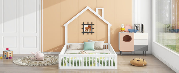 English Elm Wood House Platform Bed Full Size with Guardrail & Playful Frame, Sturdy Pine, Kid-Safe Design White N709P171852K
