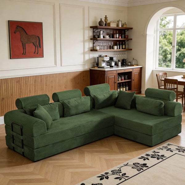 English Elm L Shaped Corduroy Sectional Sofa Converts to Sleeper Bed Space Saving Modular Couch Green W5532S00005