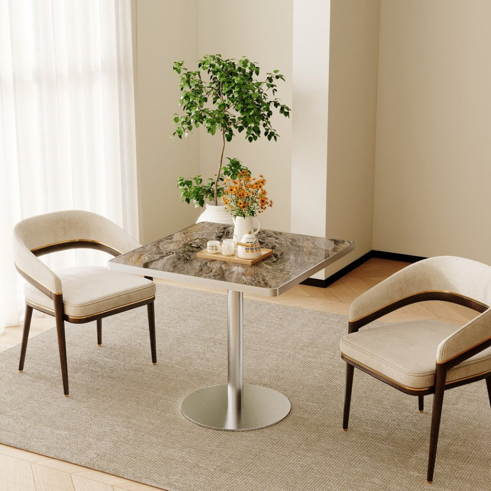 English Elm Square Bistro Pedestal Dining Table Faux Marble Top Gold Metal Base for Small Spaces W3316P421501