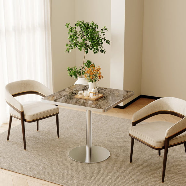 English Elm Square Bistro Pedestal Dining Table Faux Marble Top Gold Metal Base for Small Spaces W3316P421501