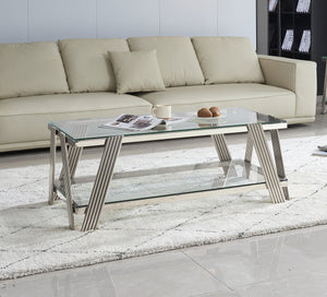 English Elm 47" Wide Modern Stainless Steel Coffee Table With Clear Glass Top & Storage, Easy Assembly, Silver W2978S00003