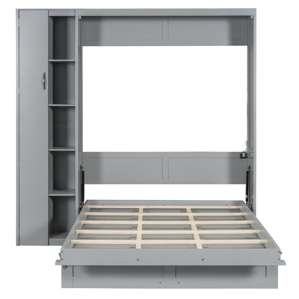 English Elm Full Size Murphy Bed with Open Shelving Wardrobe and Led Lighting for Studio Spaces Gray LP000898AAE