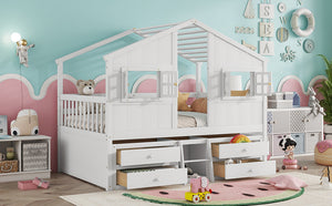 English Elm Full Size House Loft Bed With Roof & Windows, 4 Storage Drawers, Pine Wood, Safe Guardrails & Ladder W504S00242