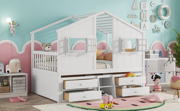 English Elm Full Size House Loft Bed With Roof & Windows, 4 Storage Drawers, Pine Wood, Safe Guardrails & Ladder W504S00242