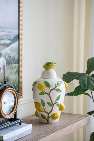 English Elm 8.7x8.7x15" Ceramic Lidded Jar with Lemon Motif and Leaf Accents — Chic Decorative Storage Accent Green,White,Yellow W2078P390428