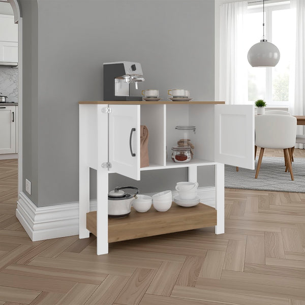 English Elm Dazey Two-tone Kitchen Coffee Station with Open Shelving and Concealed Cabinet Storage B097P481226